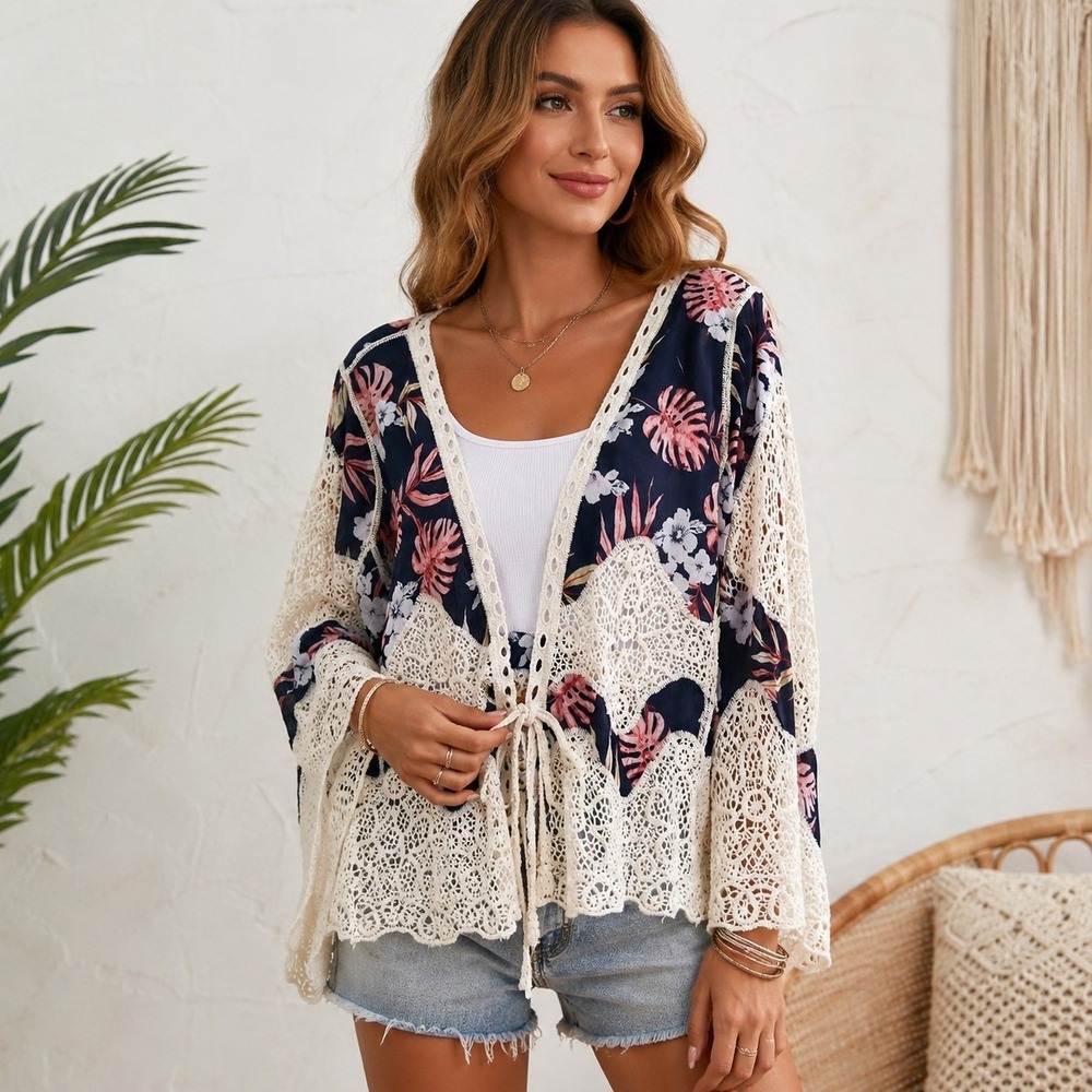 Boho Crocheted Mixed Media Cardigan XL Indie Concert Flare Sleeve Front Tie‎